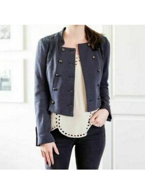 Free People Majorette Military Double Breasted Blazer Jacket Blue Knit Lace Sz 8